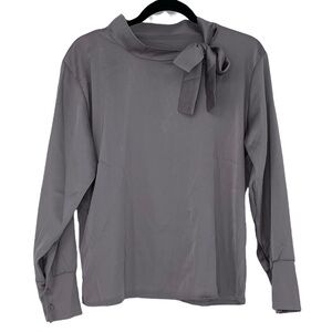 Beautiful Silky Silver Long Sleeve Top with Bow Tie Neck